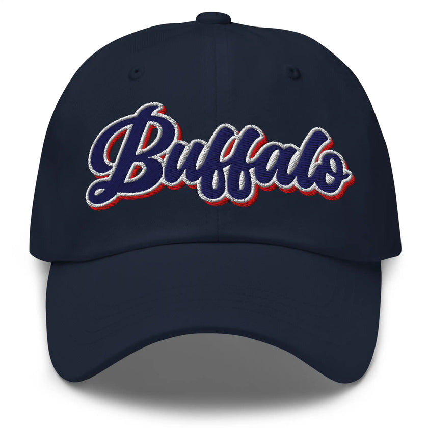 Navy dad hat featuring retro Buffalo script lettering with vintage inspired colorblock embroidery, stylish Buffalo city pride cap.