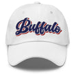 White dad hat featuring retro Buffalo script lettering with bold vintage colorblock embroidery, Buffalo city pride cap design.