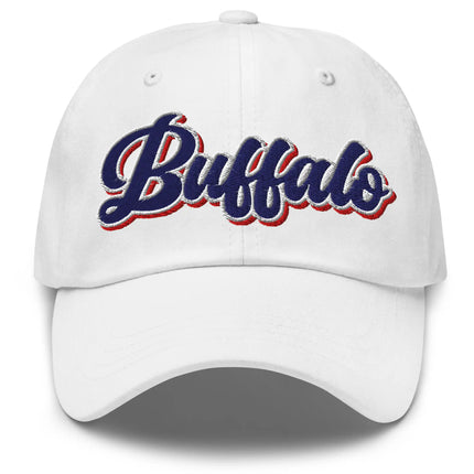 White dad hat featuring retro Buffalo script lettering with bold vintage colorblock embroidery, Buffalo city pride cap design.