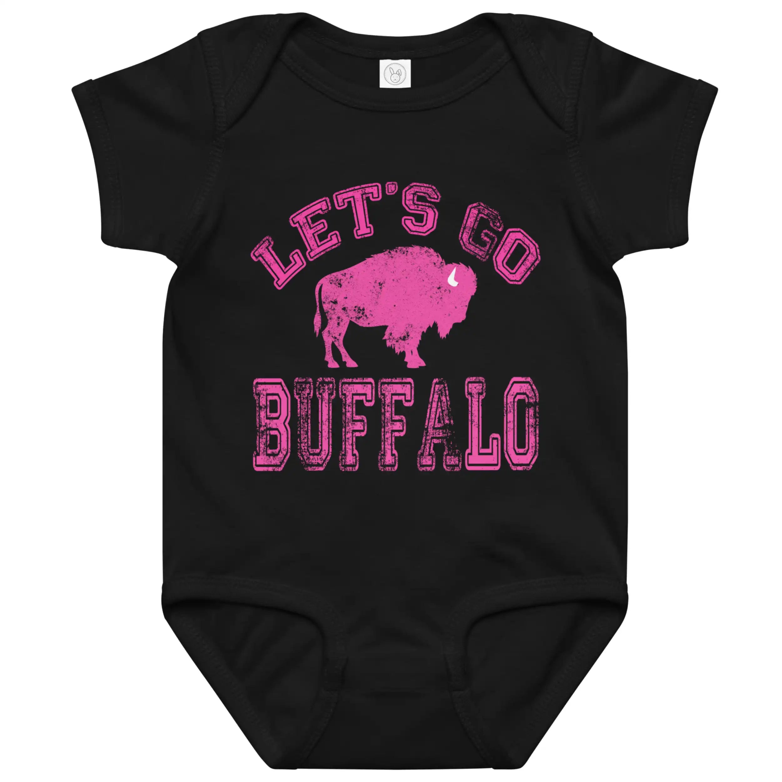 Black baby bodysuit featuring distressed hot pink ‘Let’s Go Buffalo’ lettering and pink buffalo silhouette graphic, cute Buffalo football baby outfit.