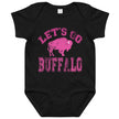 Black baby bodysuit featuring distressed hot pink ‘Let’s Go Buffalo’ lettering and pink buffalo silhouette graphic, cute Buffalo football baby outfit.