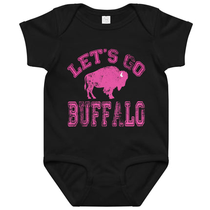 Black baby bodysuit featuring distressed hot pink ‘Let’s Go Buffalo’ lettering and pink buffalo silhouette graphic, cute Buffalo football baby outfit.