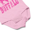 Close-up of pink Let's Go Buffalo baby bodysuit snap closure detail for easy diaper access and soft cotton baby apparel design.