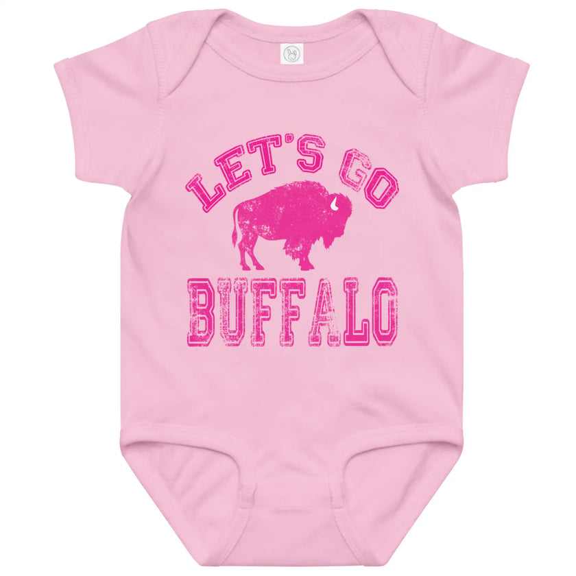 Pink baby bodysuit featuring distressed hot pink ‘Let’s Go Buffalo’ lettering and buffalo silhouette graphic, Buffalo football baby apparel for girls.