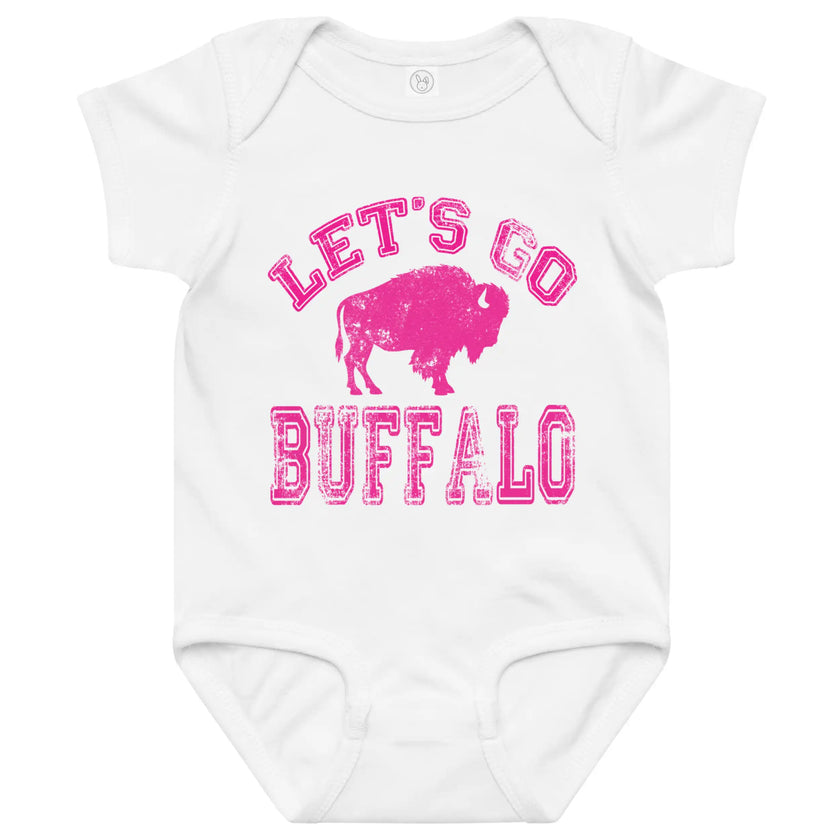 White baby bodysuit featuring distressed hot pink ‘Let’s Go Buffalo’ lettering and pink buffalo silhouette design, Buffalo football baby outfit.