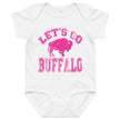 White baby bodysuit featuring distressed hot pink ‘Let’s Go Buffalo’ lettering and pink buffalo silhouette design, Buffalo football baby outfit.