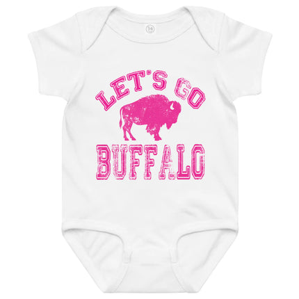 White baby bodysuit featuring distressed hot pink ‘Let’s Go Buffalo’ lettering and pink buffalo silhouette design, Buffalo football baby outfit.