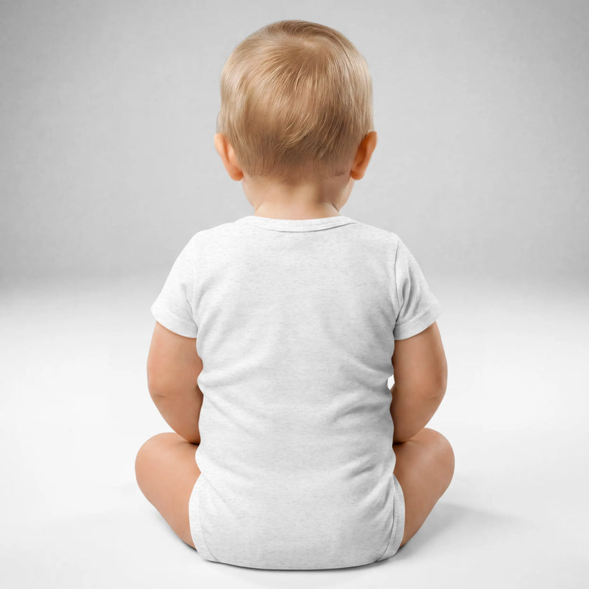 Back view of baby wearing heather grey Let’s Go Buffalo bodysuit for future Buffalo football fans and matching family game day outfits