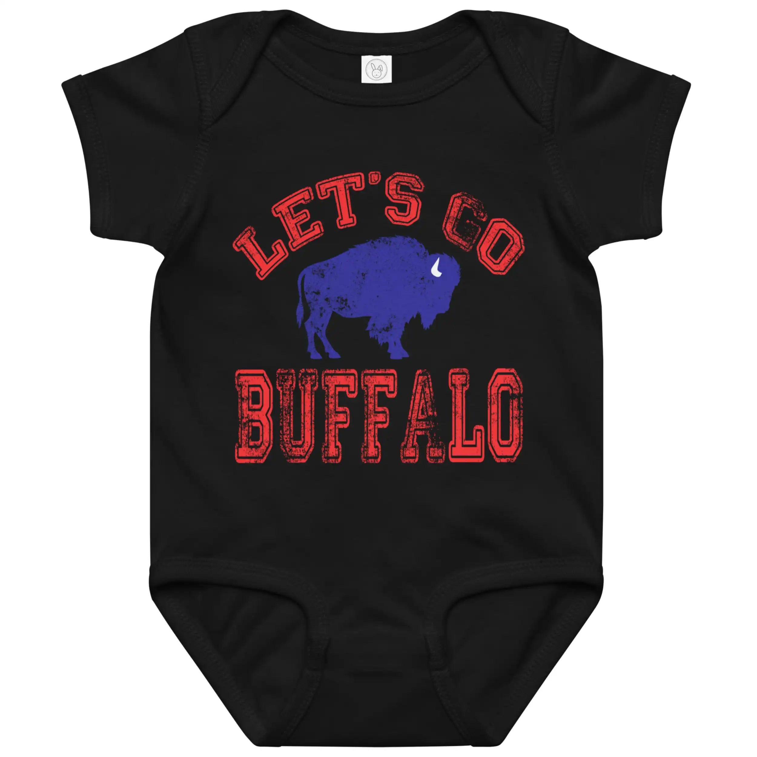 Let's Go Buffalo baby bodysuit with distressed red lettering and blue buffalo silhouette on black bodysuit for future Buffalo football fans