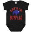Let's Go Buffalo baby bodysuit with distressed red lettering and blue buffalo silhouette on black bodysuit for future Buffalo football fans