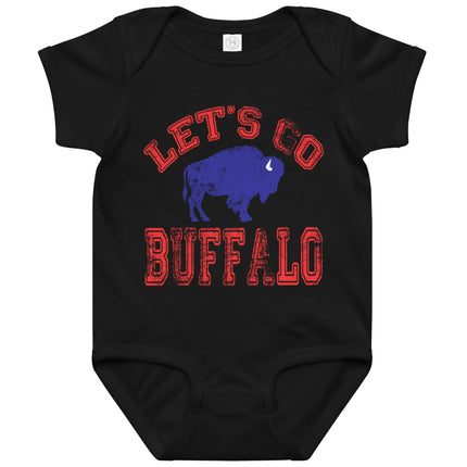 Let's Go Buffalo baby bodysuit with distressed red lettering and blue buffalo silhouette on black bodysuit for future Buffalo football fans