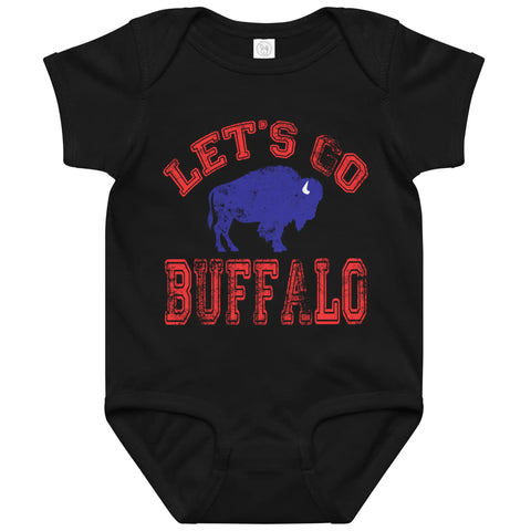 Let's Go Buffalo baby bodysuit with distressed red lettering and blue buffalo silhouette on black bodysuit for future Buffalo football fans