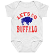 Let's Go Buffalo baby bodysuit with distressed red lettering and blue buffalo silhouette on heather grey bodysuit for little Buffalo fans