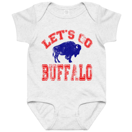 Let's Go Buffalo baby bodysuit with distressed red lettering and blue buffalo silhouette on heather grey bodysuit for little Buffalo fans