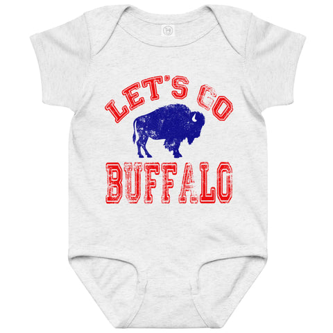 Let's Go Buffalo baby bodysuit with distressed red lettering and blue buffalo silhouette on heather grey bodysuit for little Buffalo fans