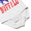 Close-up of grey Let's Go Buffalo football baby bodysuit snap closure detail for easy diaper access and soft cotton baby apparel design.