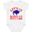 Let's Go Buffalo baby bodysuit with distressed red lettering and blue buffalo silhouette on white bodysuit for Buffalo game day babies