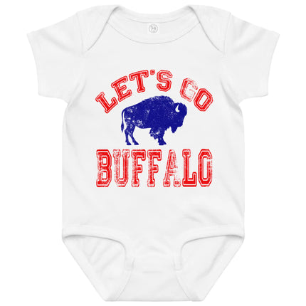 Let's Go Buffalo baby bodysuit with distressed red lettering and blue buffalo silhouette on white bodysuit for Buffalo game day babies