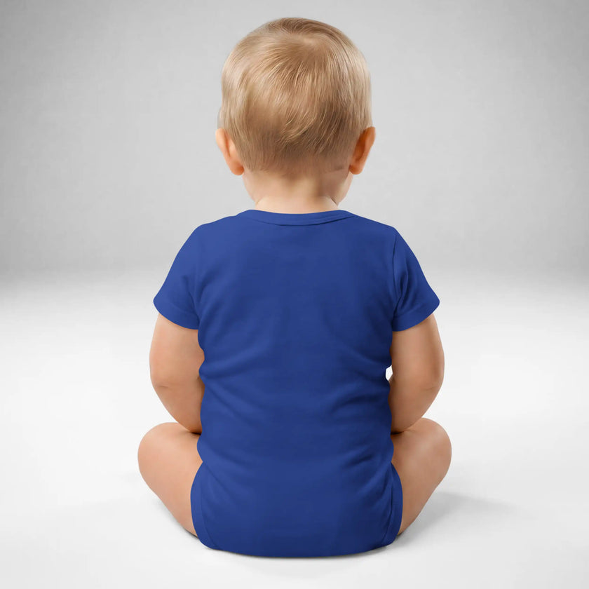 Back view of baby wearing blue Buffalo football baby bodysuit with soft cotton fit and snap closure detail.