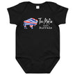 Black Buffalo football baby bodysuit featuring patriotic buffalo silhouette graphic and ‘The Mafia Runs Buffalo’ text, Buffalo football themed baby clothing.