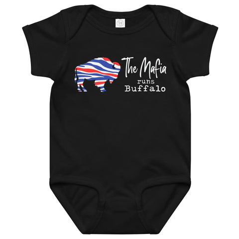 Black Buffalo football baby bodysuit featuring patriotic buffalo silhouette graphic and ‘The Mafia Runs Buffalo’ text, Buffalo football themed baby clothing.
