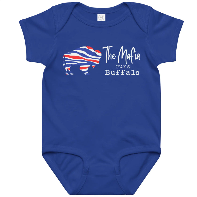 Blue Buffalo football baby bodysuit with striped buffalo silhouette graphic and ‘The Mafia Runs Buffalo’ typography design, game day inspired Buffalo baby outfit.