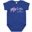 Blue Buffalo football baby bodysuit with striped buffalo silhouette graphic and ‘The Mafia Runs Buffalo’ typography design, game day inspired Buffalo baby outfit.