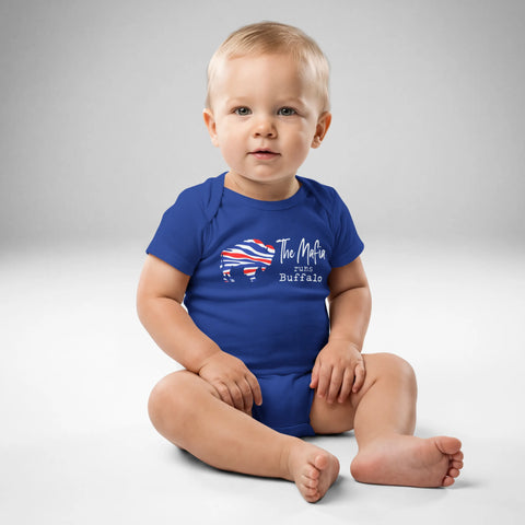 Baby wearing blue Buffalo football baby bodysuit with red white and blue buffalo silhouette and ‘The Mafia Runs Buffalo’ design, front view game day outfit.
