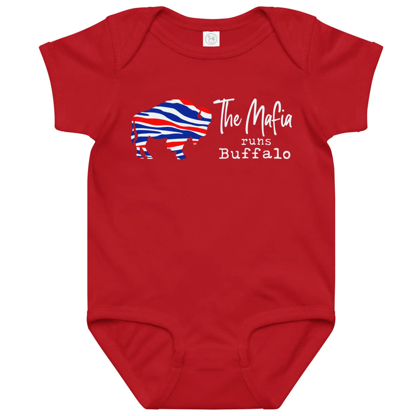 Red Buffalo football baby bodysuit featuring red white and blue striped buffalo silhouette with ‘The Mafia Runs Buffalo’ lettering in mixed fonts, Buffalo football baby apparel.