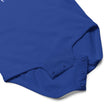 Close-up of blue Buffalo football baby bodysuit snap closure for easy diaper changes and comfortable everyday baby wear.