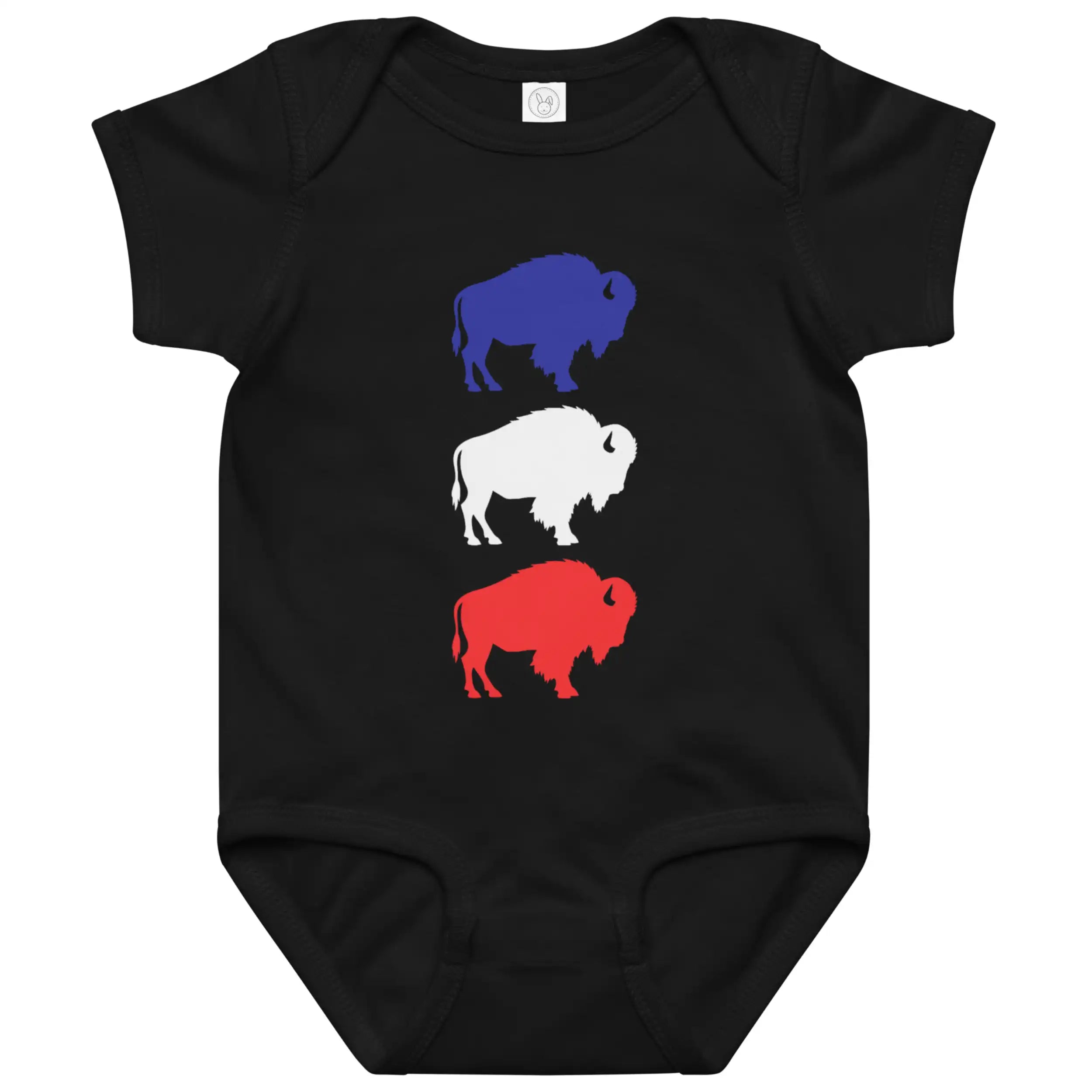 Black Buffalo football baby bodysuit featuring vertical blue white and red buffalo silhouette design in patriotic lineup, modern Buffalo game day baby apparel.