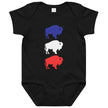 Black Buffalo football baby bodysuit featuring vertical blue white and red buffalo silhouette design in patriotic lineup, modern Buffalo game day baby apparel.
