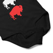 Close-up of black Buffalo football baby bodysuit snap closure detail for easy diaper changes and soft cotton baby outfit design.