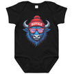Black Buffalo football baby bodysuit featuring blue buffalo head wearing striped sunglasses and Buffalo beanie hat with ‘Buffalo’ text, cute game day baby outfit.
