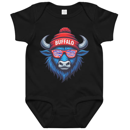 Black Buffalo football baby bodysuit featuring blue buffalo head wearing striped sunglasses and Buffalo beanie hat with ‘Buffalo’ text, cute game day baby outfit.