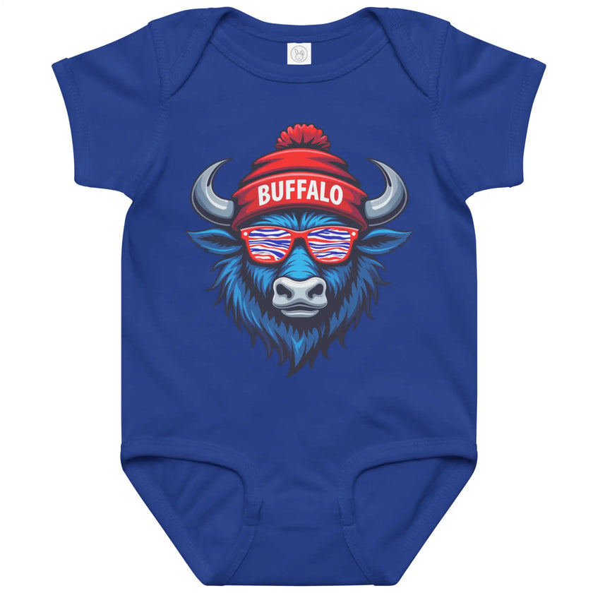 Blue Buffalo football baby bodysuit featuring cool buffalo head graphic with striped sunglasses and winter beanie, Buffalo themed baby apparel.