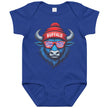 Blue Buffalo football baby bodysuit featuring cool buffalo head graphic with striped sunglasses and winter beanie, Buffalo themed baby apparel.