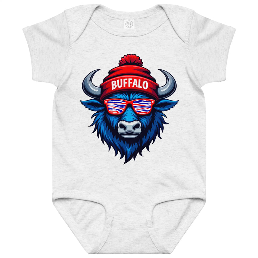 Grey Buffalo football baby bodysuit featuring blue buffalo head wearing sunglasses and beanie with ‘Buffalo’ text, Buffalo game day baby outfit.