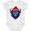 Grey Buffalo football baby bodysuit featuring blue buffalo head wearing sunglasses and beanie with ‘Buffalo’ text, Buffalo game day baby outfit.