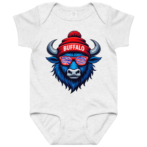 Grey Buffalo football baby bodysuit featuring blue buffalo head wearing sunglasses and beanie with ‘Buffalo’ text, Buffalo game day baby outfit.