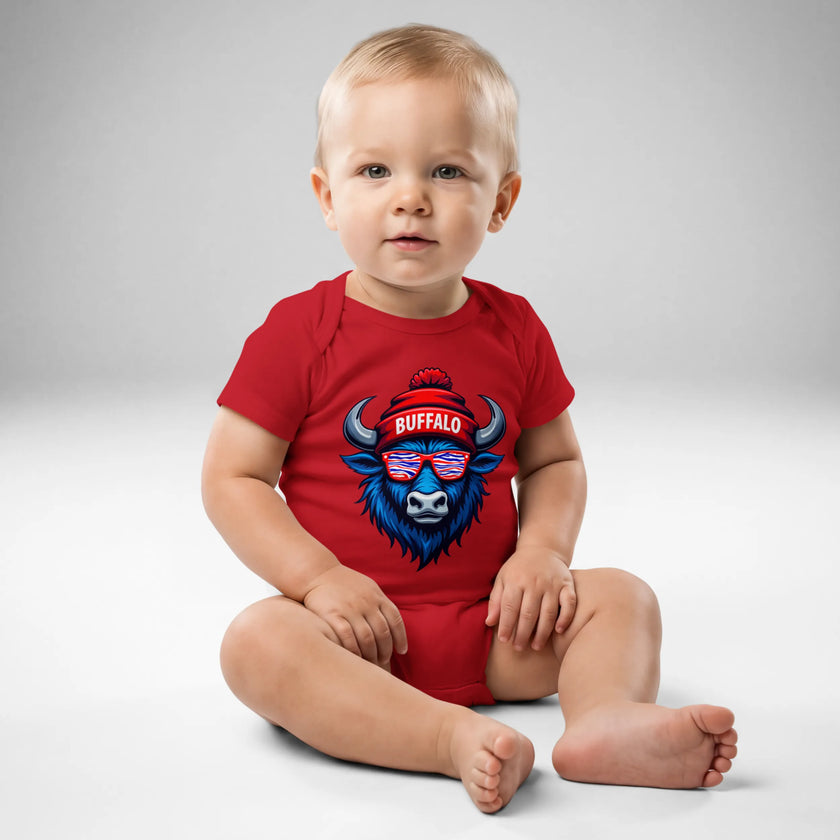 Baby wearing red Buffalo football bodysuit featuring blue buffalo head graphic with striped sunglasses and Buffalo beanie design, front view baby outfit