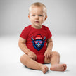 Baby wearing red Buffalo football bodysuit featuring blue buffalo head graphic with striped sunglasses and Buffalo beanie design, front view baby outfit