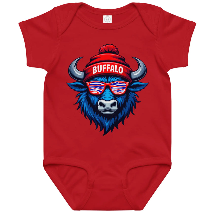 Red Buffalo football baby bodysuit featuring blue buffalo head wearing striped sunglasses and winter beanie with ‘Buffalo’ text, cute Buffalo game day baby outfit.