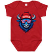 Red Buffalo football baby bodysuit featuring blue buffalo head wearing striped sunglasses and winter beanie with ‘Buffalo’ text, cute Buffalo game day baby outfit.