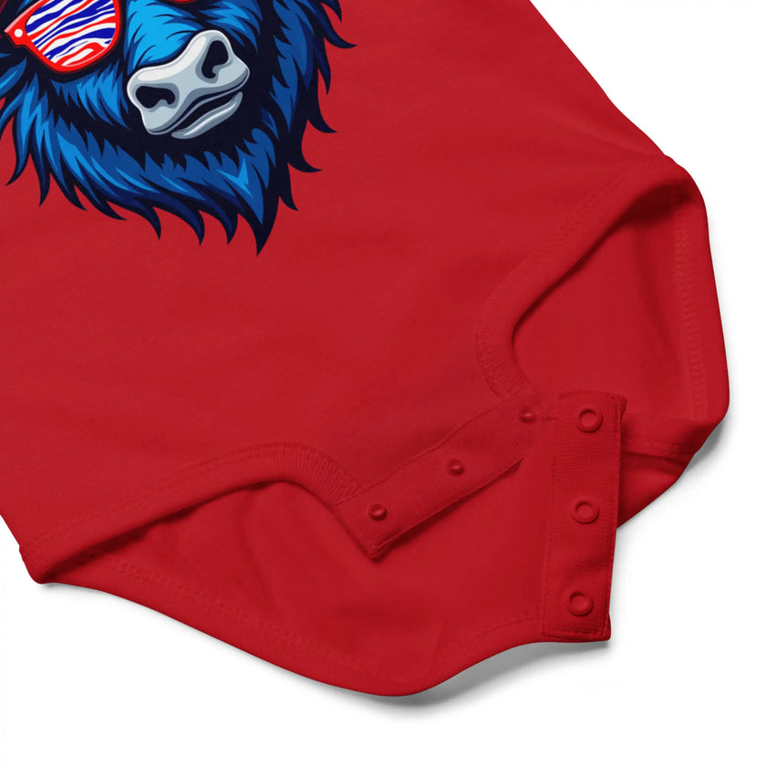 Close-up of red Buffalo football baby bodysuit snap closure for easy diaper access and soft cotton construction.
