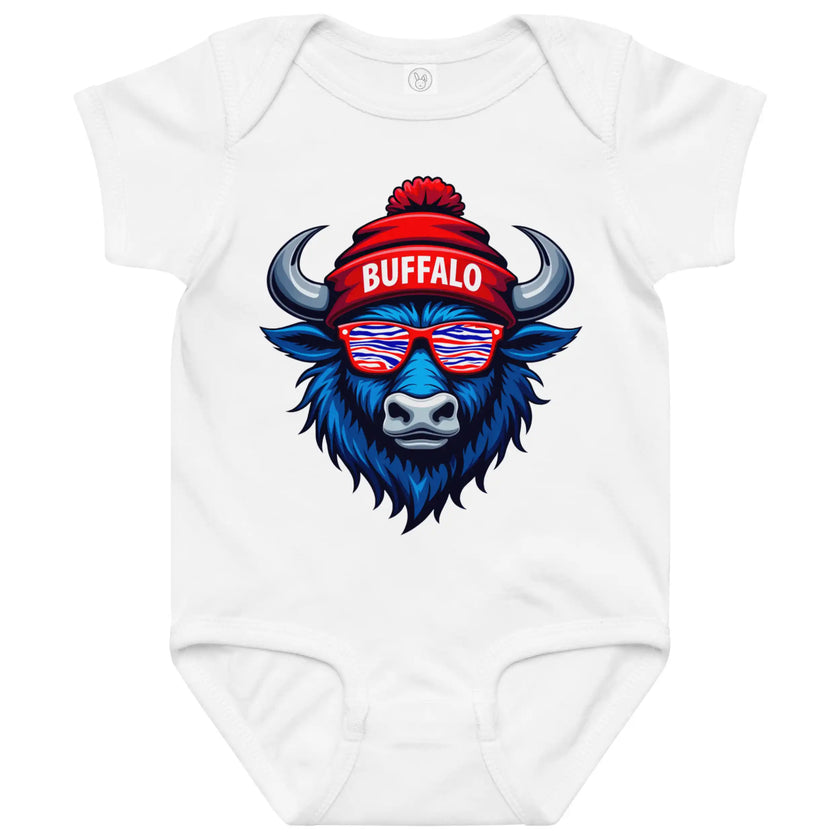 White Buffalo football baby bodysuit featuring buffalo head graphic with striped sunglasses and winter beanie hat, Buffalo themed baby apparel.