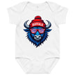 White Buffalo football baby bodysuit featuring buffalo head graphic with striped sunglasses and winter beanie hat, Buffalo themed baby apparel.