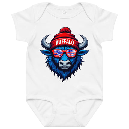 White Buffalo football baby bodysuit featuring buffalo head graphic with striped sunglasses and winter beanie hat, Buffalo themed baby apparel.