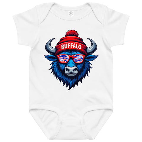 White Buffalo football baby bodysuit featuring buffalo head graphic with striped sunglasses and winter beanie hat, Buffalo themed baby apparel.