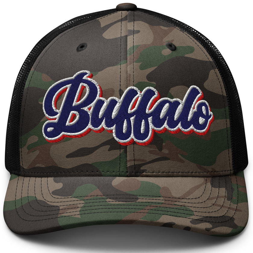 Buffalo Football camouflage mesh trucker hat featuring retro embroidered Buffalo lettering in red white and blue, rugged fan headwear with bold game day style.